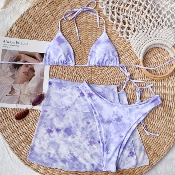 Triangle Tie Dye 3 Piece Bikini Set with Skirt Swimsuit - Picture 2 of 7